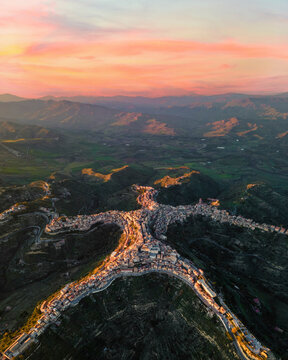Panoramic aerial view of Centuripe, a small town on mountain crests in Enna province, Sicily, Italy.