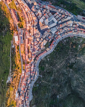 Aerial view of Centuripe, a small town on mountain crests in Enna province, Sicily, Italy.