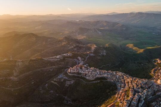 Aerial view of Centuripe, a small town on mountain crests in Enna province, Sicily, Italy.