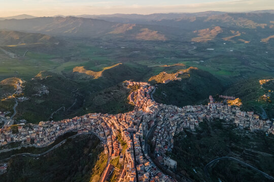 Aerial view of Centuripe, a small town on mountain crests in Enna province, Sicily, Italy.