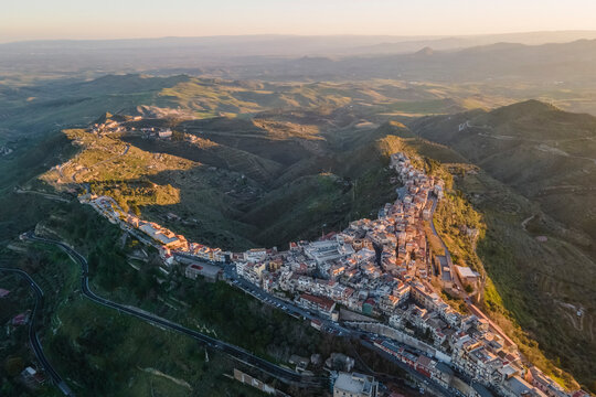 Aerial view of Centuripe, a small town on mountain crests in Enna province, Sicily, Italy.