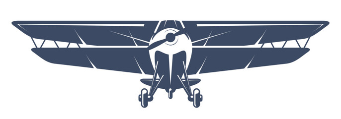 Light aviation emblem with biplane, vintage airplane wit double wing,  propeller aircraft front view logo, vector - obrazy, fototapety, plakaty