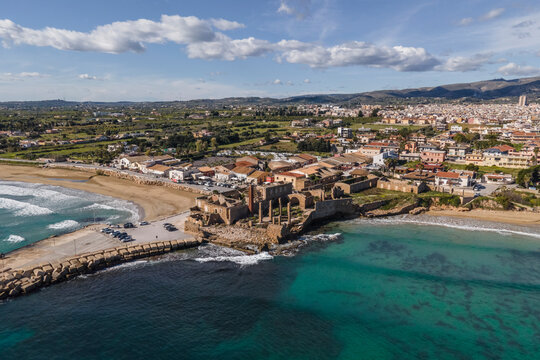 Aerial view of a tuna-fishing nets (Antica Tonnara), a complex of ruins used for fishing in Avola, Syracuse, Sicily, Italy.