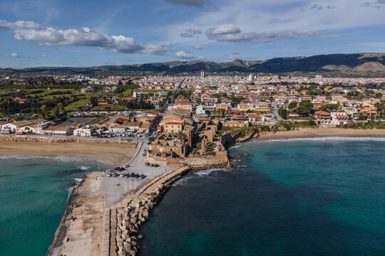 Aerial view of a tuna-fishing nets (Antica Tonnara), a complex of ruins used for fishing in Avola, Syracuse, Sicily, Italy.