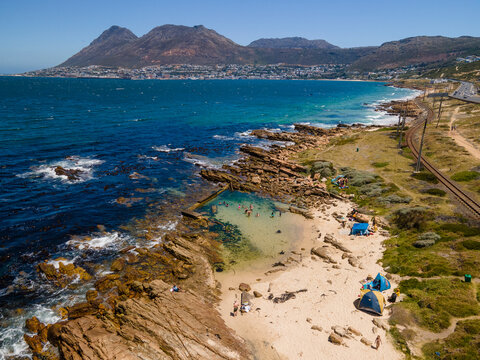 Aerial view of Shelley Point Tidal Pool popular destination of swimmers Glencairn, Cape Town, South Africa.