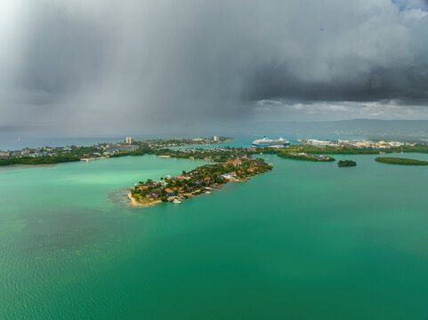 Aerial view of Montego Bay with a cloudy sky in Saint James, Jamaica.