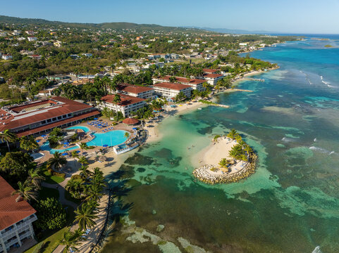 Aerial view of holiday resorts along the coastline in Montego Bay, Saint James, Jamaica.
