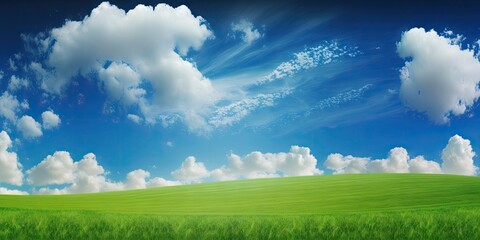 Obraz na płótnie Canvas Green grass field on small hills and blue sky with clouds. Generative AI