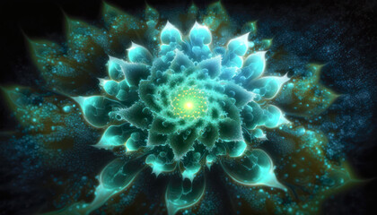 Naklejka na ściany i meble Sacred geometry glowing flower fractal with particles and light. Generative AI