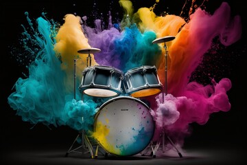 Drum Set surrounded by extra vibrant and colorful explosive smoke