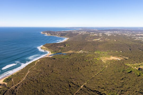 Aerial view of Dudley Beach and coastline in Newcastle, New South Wales, Australia.
