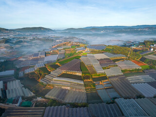 Aerial view of huge green house farms near  Dalat city, Vietnam