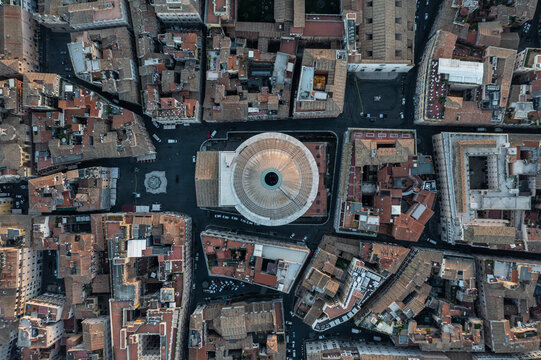 Aerial view of the Pantheon, a famous Roman Temple and landmark in Rome downtown, Lazio, Italy.
