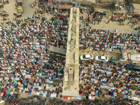 Dhaka, Bangladesh - 20 January 2023: Aerial view of people worshipping at Global Muslims Congregation in Tongi, Dhaka, Bangladesh.