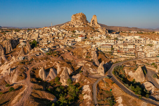 Aerial view of Uchisar in Cappadocia, Turkey.