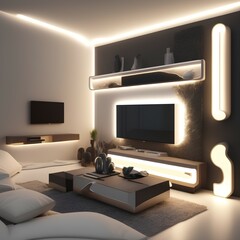 Modern designed furniture in livingroom with led backlight - generative ai