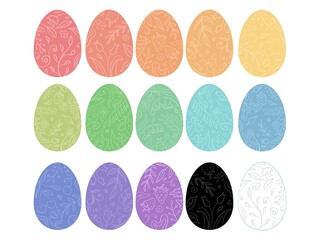 Colourful Set of Easter eggs with floral texture. rainbow colour Egg on the white background. Design for happy spring holiday, festive Easter day.