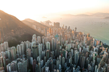 Aerial view of cityscape of Hong Kong island during sunset.