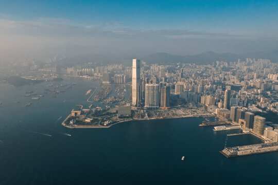 Aerial view of cityscape of Hong Kong island during sunset.