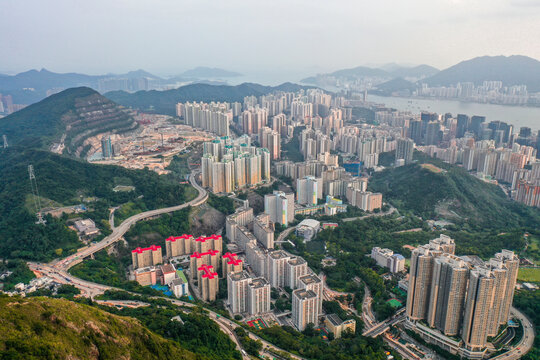 Aerial view of Hong Kong downtown skyline along the bay, Kowloon.
