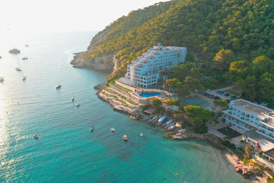Aerial view of coastline in the mediterranean sea, Ibiza, Balearic Island, Spain.