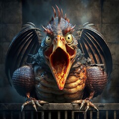 grilled chicken on the grill with scared eyes fantasy style fire oven burn hot with an open beak shakes  head angrily bird head very nervous fantasy Generative AI 
