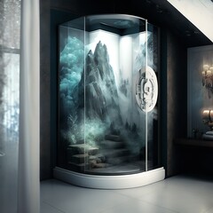 modern shower cabin,fantasy beautiful waterfall mountain illustration underwater landscape with animal in nature bathroom tub Generative AI
