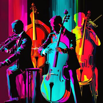 orchestra, musicians, pop art, wall art, canvas print, abstraction, painting ,many color music concert instrument string watercolor blurred violin art three blue red purple jazz musical Generative AI
