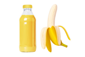 Bottle of fresh banana juice, nectar. Banana peeled in flight. Isolated on white background.