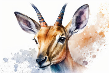 Watercolor antelope close up portrait, Realistic painting on white background, Generative AI
