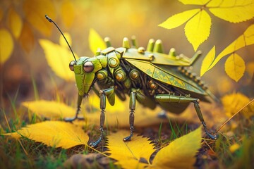 Close up of a robot grass hopper in the outdoor. Generative AI