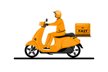 Cartoon delivery courier in uniform on motorcycle, Vector illustration.