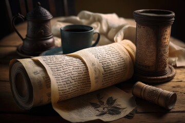 a wooden dining table covered in Bible scrolls. Old paper rolls and a cup of food are shown up close. Generative AI