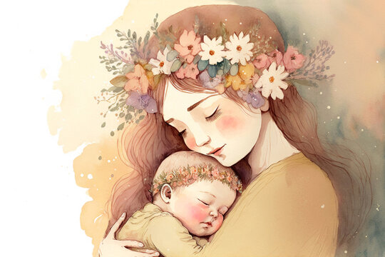 Illustration of mother with her little child, flower in the background. Concept of mothers day, mothers love, relationships between mother and child. Created with Generative AI technology.