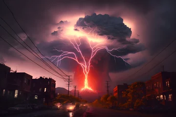 Foto auf Alu-Dibond Powerful volcanic eruption with pyroclastic ash column clouds, lightning, rain. City at the foot of the mountain, a threat to the population. Generative AI © aapsky