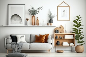 Stylish composition of elegant living room interior design with mock up poster frame, metal and wooden shelf, sofa, vintage vases and personal accessories. White wall. Copy space. Template. Generative