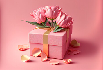 generative ai Gift box with pink flowers to represent love 