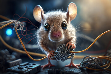 the mouse holds wires in its hands, the connection is broken, the Internet is turned off illustration Generative AI - obrazy, fototapety, plakaty