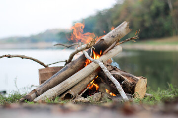 The pile of pieces of wood was burning up.