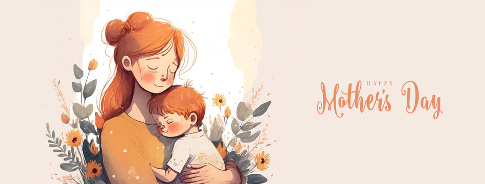 Illustration of mother with her little child, flower in the background. Concept of mothers day, mothers love, relationships between mother and child. Created with Generative AI technology.