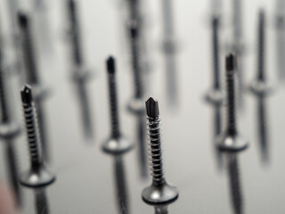 Black screws for drywall on a black background. Close-up.