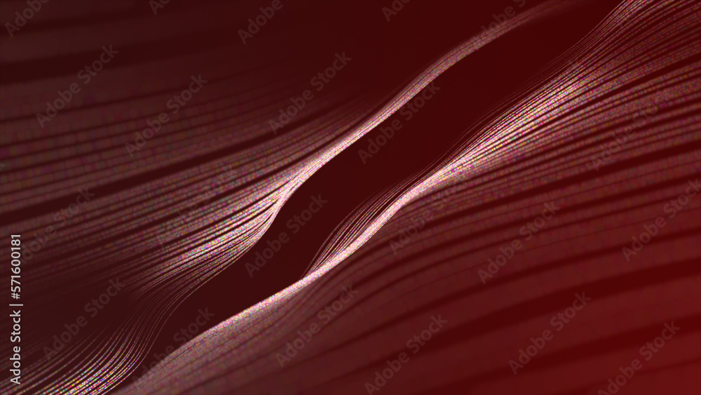 Poster Abstract dark background with connecting dots and lines. Abstract Waving Particle Technology Background Design. Dynamic particles sound wave flowing over dark.