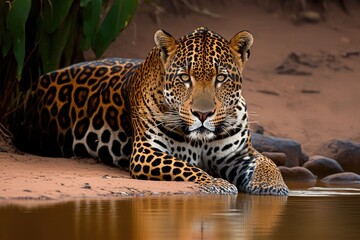 Brazilian South America, Jaguar, Panthera Onca, Female, Cuiaba River, Porto Jofre, Matogrossense Pantanal, Mato Grosso do Sul. Generative AI - obrazy, fototapety, plakaty
