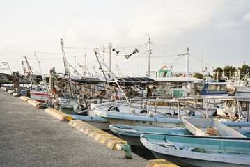 日本の漁港に停泊している漁船　Fishing boats moored at a Japanese fishing port