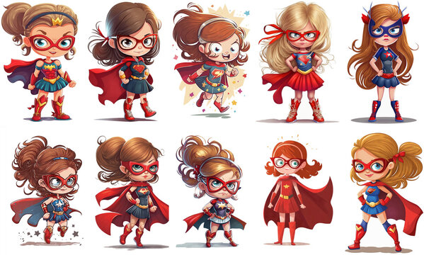Set of cute cartoon illustrations of a girl superhero generative ai
