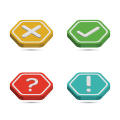 3d collection of buttons with sign done, error, question mark, exclamation point icon button for apps or website symbols