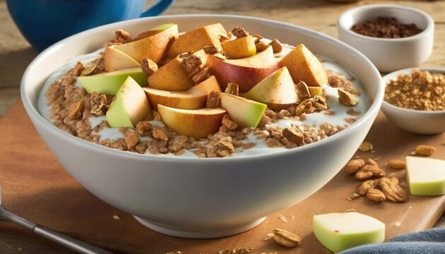  a bowl of oatmeal with apples and nuts on a cutting board next to a bowl of granola and a cup of nuts.  generative ai