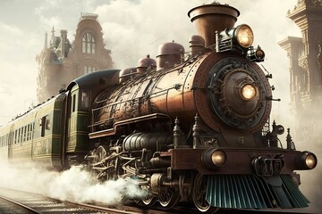Naklejka premium Steampunk train speeding through city, ai