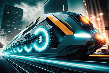 cyberpunk train speeding through city, ai
