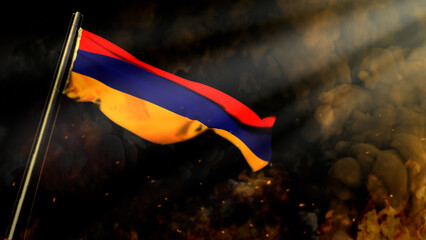 soft focus Armenia flag on smoke with sun rays background - disaster concept - abstract 3D rendering